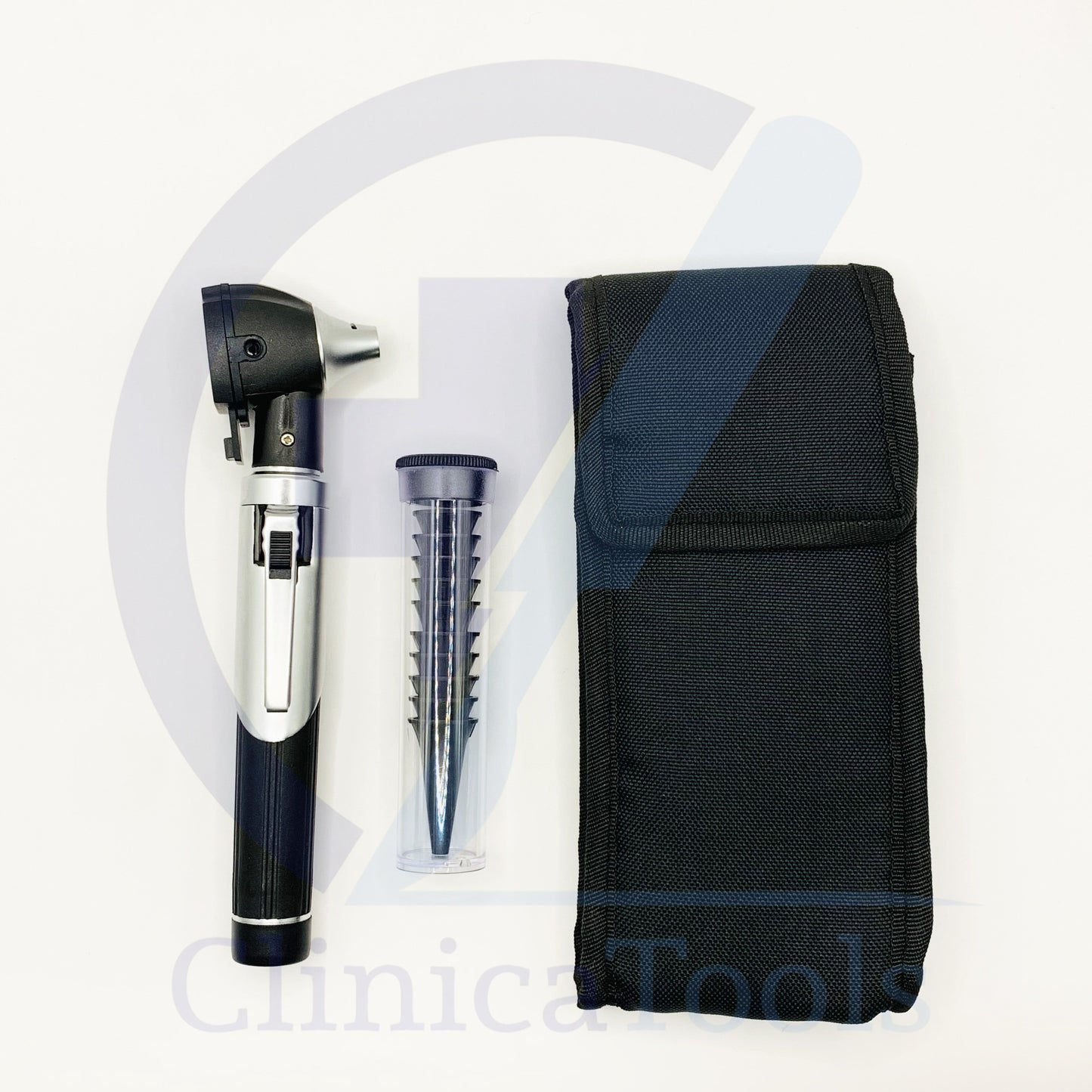 Close-up of fiber optic earscope with reusable cannulas