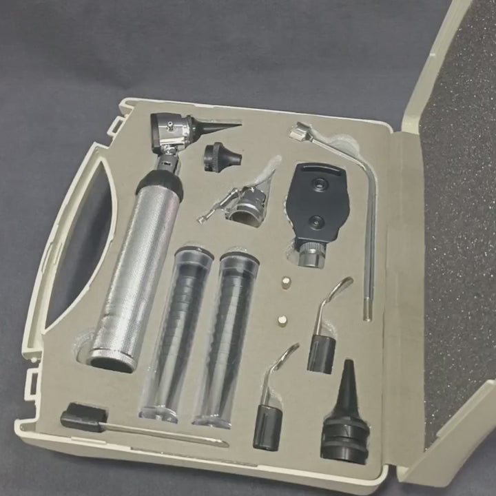 complete ENT Diagnostic Set with otoscope, ophthalmoscope, interchangeable heads, and accessories displayed in a protective case.